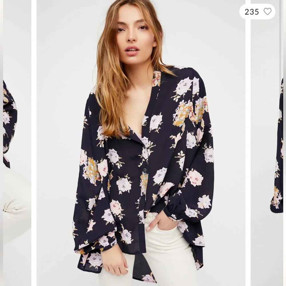 Free People Julia Floral Oversized High Low Blouse Navy Size XS NWOT